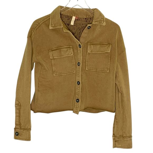 Anthropologie XS Pilcro Classic Shirt Jacket Womens Cropped 100% Cotton Tan - Picture 1 of 11